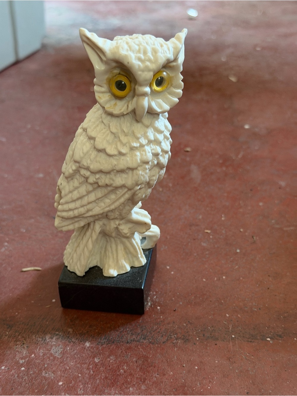 Vintage White Owl Figurine 5.5” Yellow Eyes on Black Base Home Decor